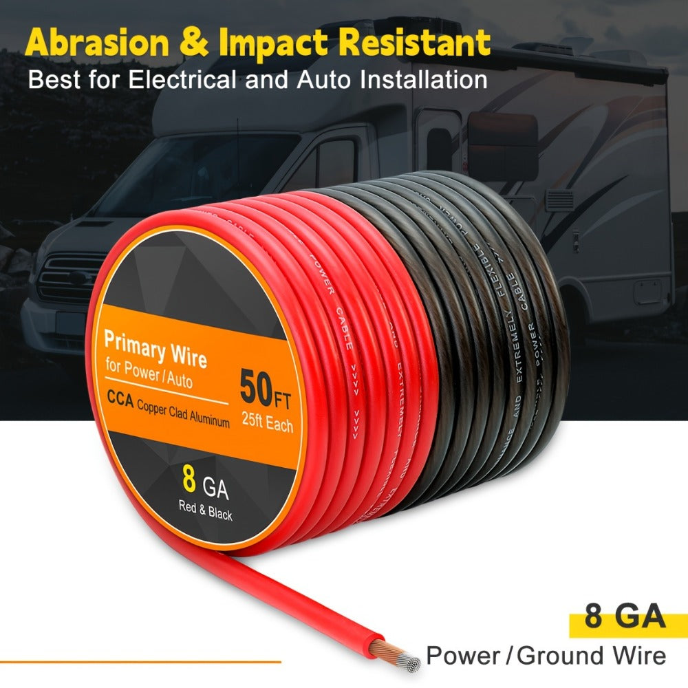 8 Gauge Car Audio Wire 50ft CCA – 25ft Red Power + 25ft Black Ground Cable, Flexible PVC Jacket, Anti-Oxidation