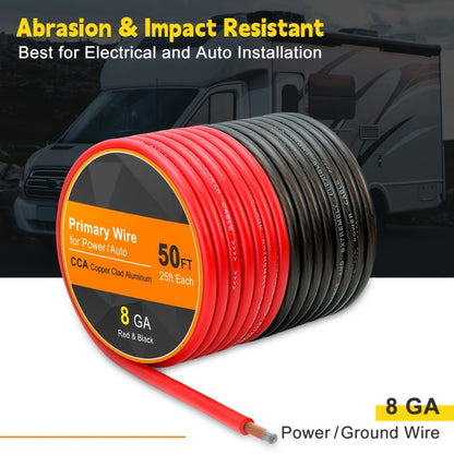8 Gauge Car Audio Wire 50ft CCA – 25ft Red Power + 25ft Black Ground Cable, Flexible PVC Jacket, Anti-Oxidation