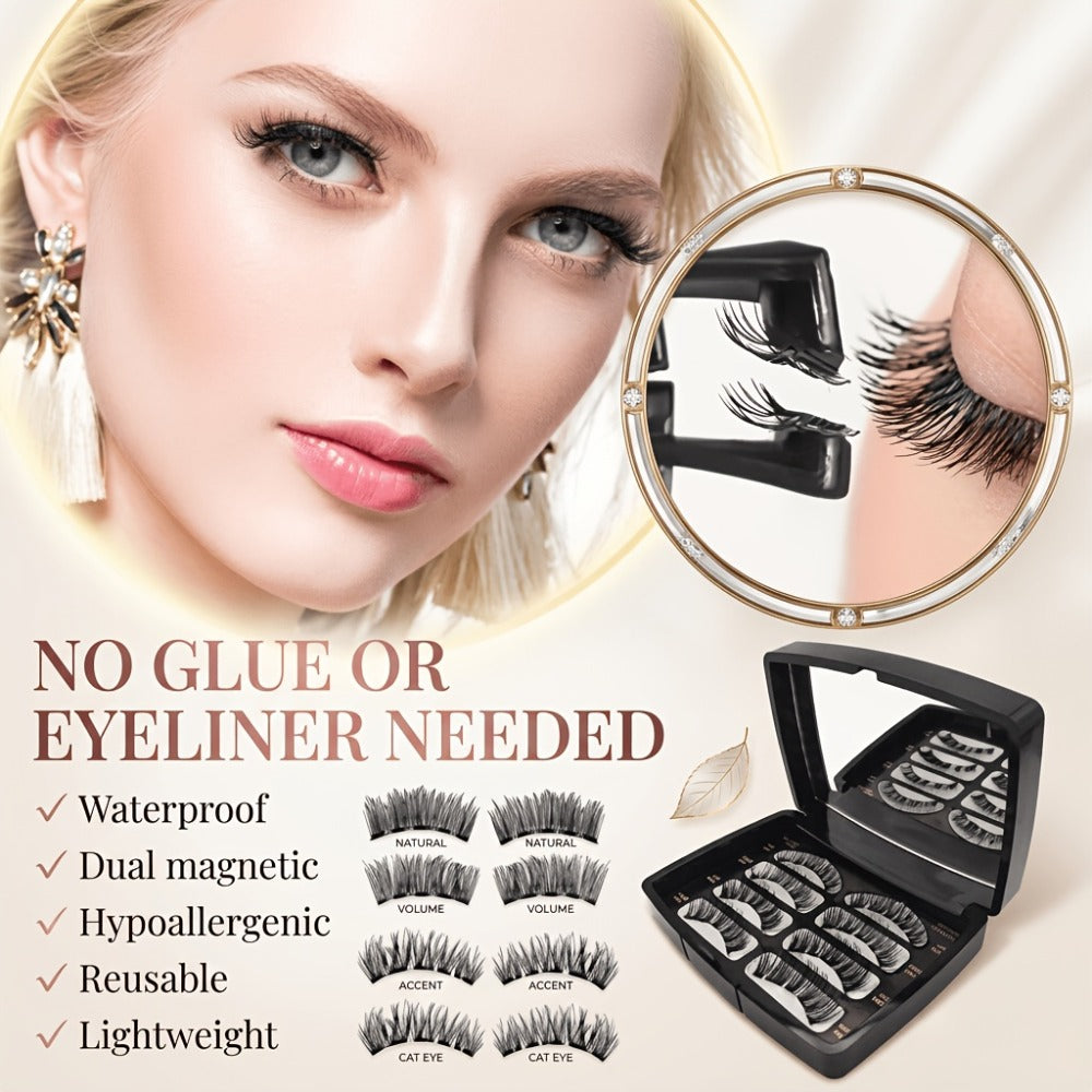 Eight-Piece Double-Strip Magnetic False Eyelash Set with Black Case, Applicator and Tweezers