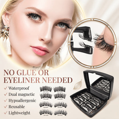Eight-Piece Double-Strip Magnetic False Eyelash Set with Black Case, Applicator and Tweezers