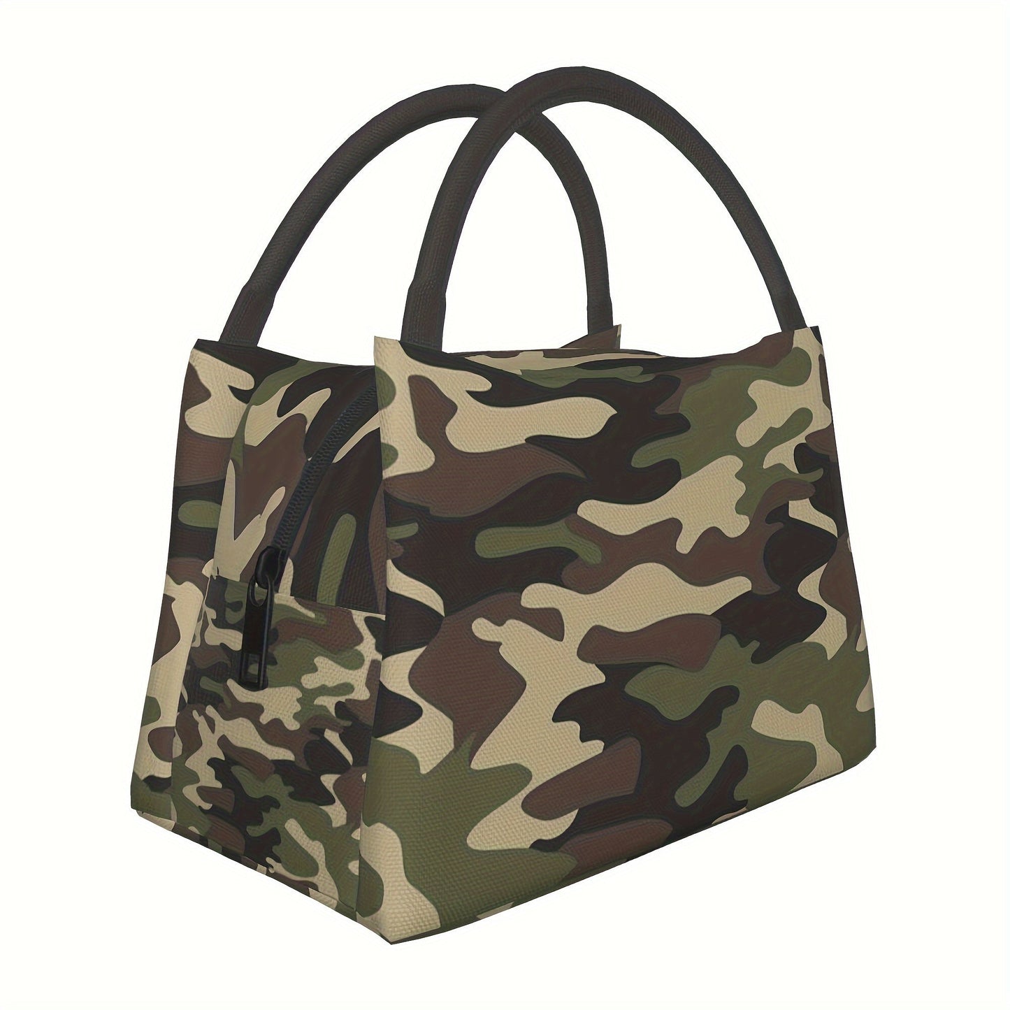 Camouflage Lunch Bag Tote, 11 x 6.5 x 7 Inches with Top Zipper, Dual Carry Handles and Tapered Profile