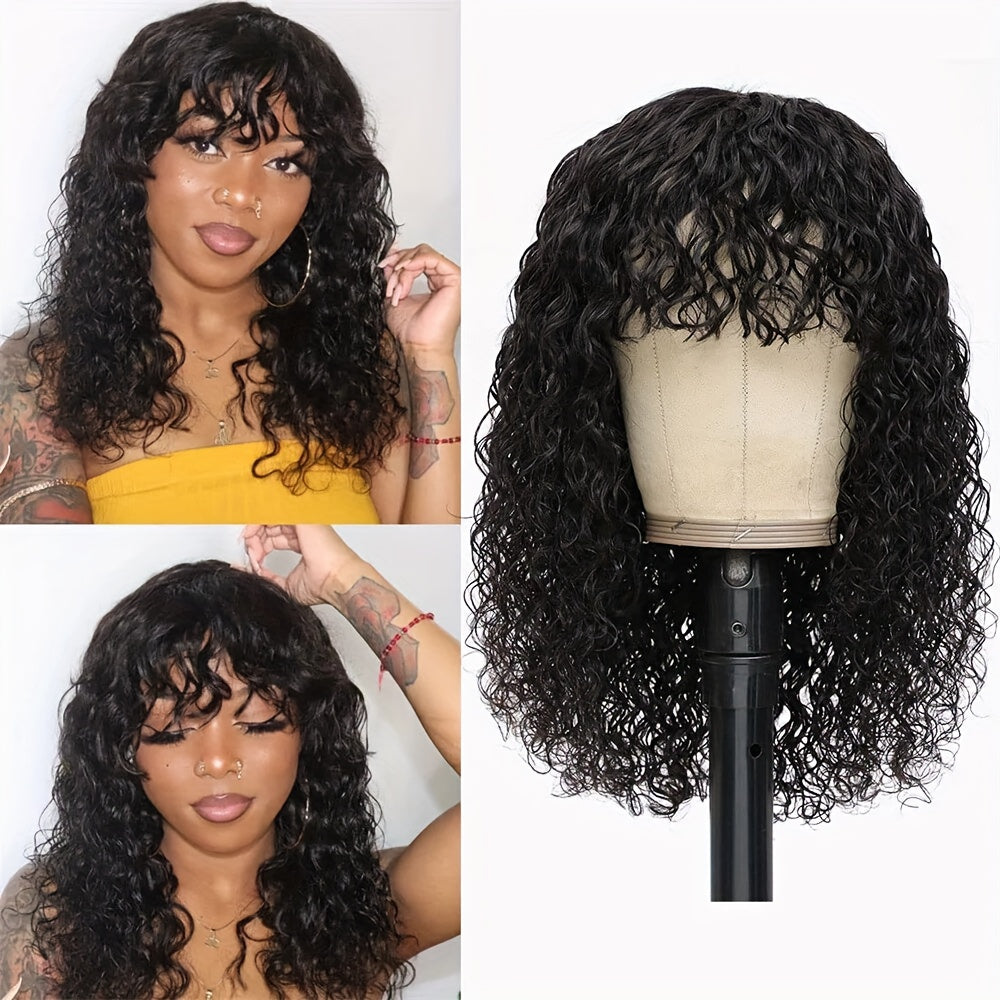 Remy Human Hair Water Wave Wig with Bangs Glueless Full Machine Made Rose Net Cap, for Home, Travel and Salon Hair Styling