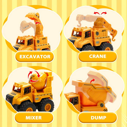 4-Piece Construction Truck Set for Kids, Excavator Dump Truck Crane Cement Mixer Sandbox STEM Engineering Vehicle Playset