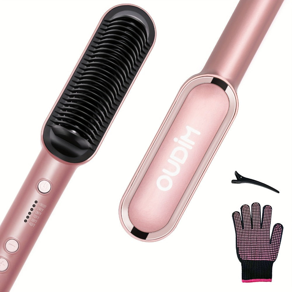 OD-6801 Black or OD-6806 Rose-Gold Heated Straightening Brush with Display, Glove and Three-Button Controls