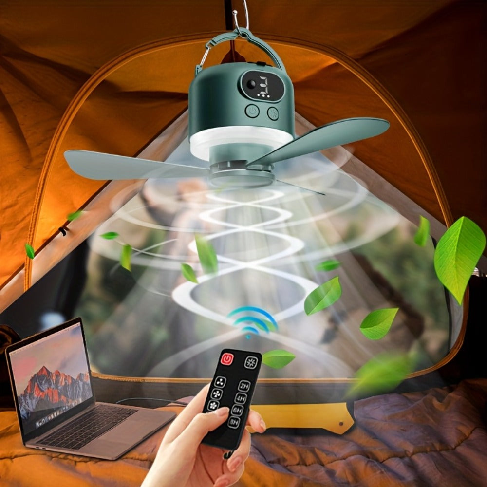 10400mAh Hanging Camping Fan with Remote Control, Three Wind Speeds, LED Light and White or Green Color Options
