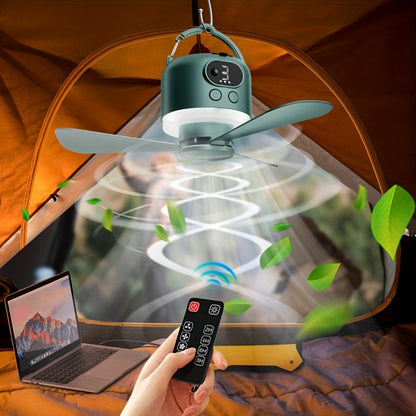 10400mAh Hanging Camping Fan with Remote Control, Three Wind Speeds, LED Light and White or Green Color Options