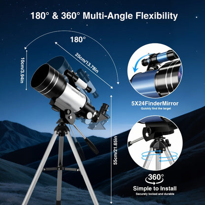 150X Telescope 70mm Aperture for Adults High Power Portable Monocular with Tripod Phone Holder Eyepiece Barlow Lens for Stargazing Nature