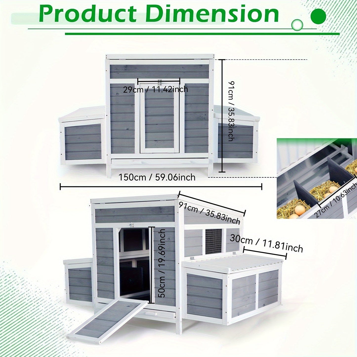 Wooden Chicken Coop with 2 Large Nesting Boxes for 4-6 Chickens, 59" Outdoor Hen House with PVC Roof