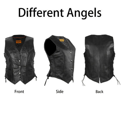 Women's Leather Motorcycle Vest – Concealed Carry Pockets, Lace-Up Sides, Metal Eyelet Accents, Adjustable Straps, Edgy Biker Style, Black