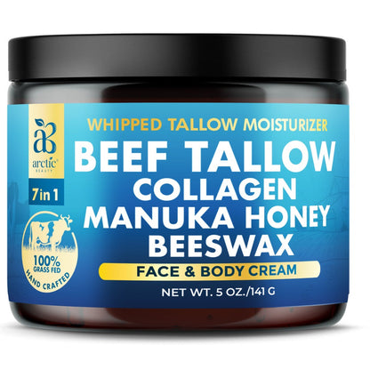 Whipped Beef Tallow Moisturizer – Organic Grass-Fed Face & Body Cream with Manuka Honey, Jojoba Oil, Collagen & Aloe Vera