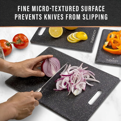 Cutting Board TUOOCY Three-Piece Black Speckled Plastic Set with Handles in Three Graduated Sizes