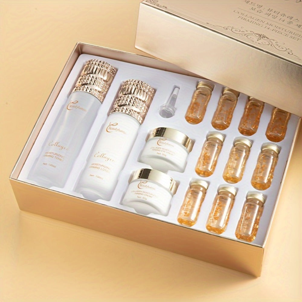 14-Piece Collagen Skincare Gift Set for Women – Hyaluronic Acid & Niacinamide, Deep Hydration, Firming, Brightening, Anti-Aging Luxury Box