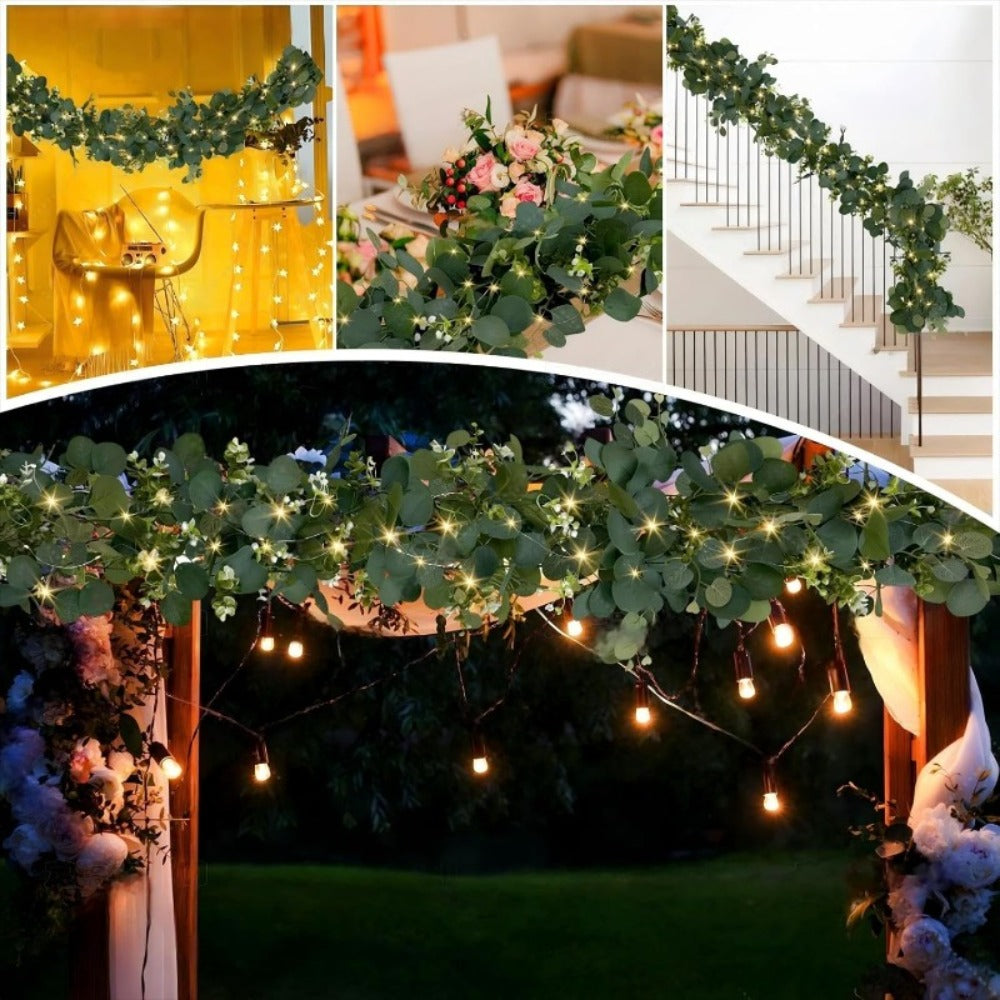 Lighted Eucalyptus Wreath Garland 6FT LED 2 Pack - Artificial Green Vine with Lights for Wedding Centerpiece