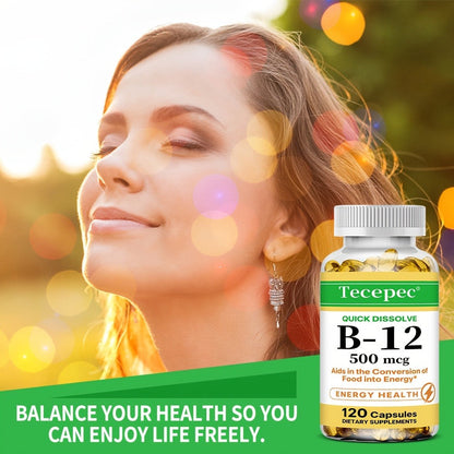 Vitamin B12 500mcg Capsules 120 Count for Women Men for Bath Time, Home Spa and Personal Care