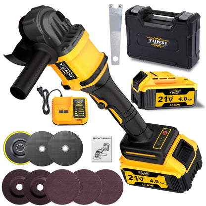 Power Tools YUNXI Cordless Angle Grinder with Rechargeable Battery, Polishing Accessories and Case Options