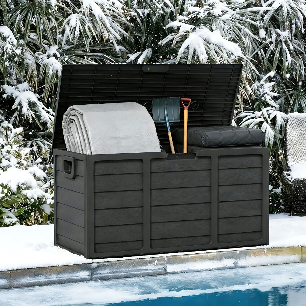 75-Gallon Outdoor Storage Box with Hinged Lid, Side Handles and Black or Gray Checkout Options