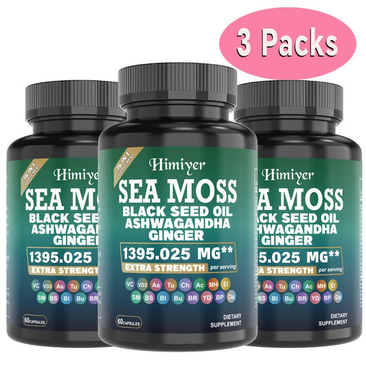 Sea Moss Capsules 3-Pack 180ct with Black Seed Oil Ashwagandha Turmeric Vitamin C D3 for Bath Time, Home Spa and Personal Care