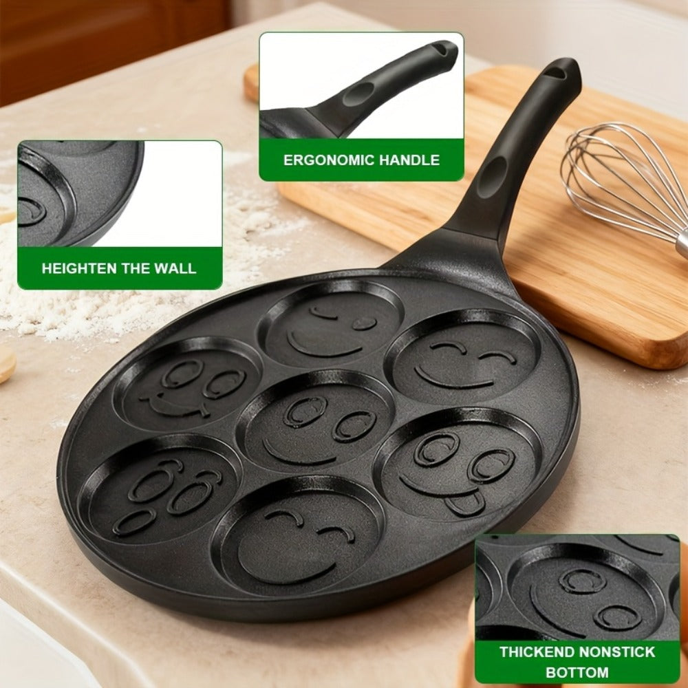 Non-Stick Pancake Pan 7-Hole Smiley Face, Fun Breakfast Egg & Bacon Frying Tray for Kids & Family