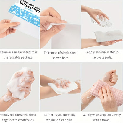 Disposable No-Rinse Soap Towel Sheets for Travel Camping Gym - Portable Foam Bath Towel for Bath Time, Home Spa and Personal Care