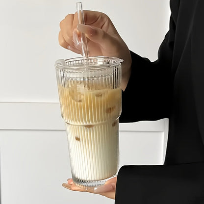 Striped Drinking Glasses with Lids and Glass Straws, 19-Ounce Tumblers in Two- or Four-Piece Sets