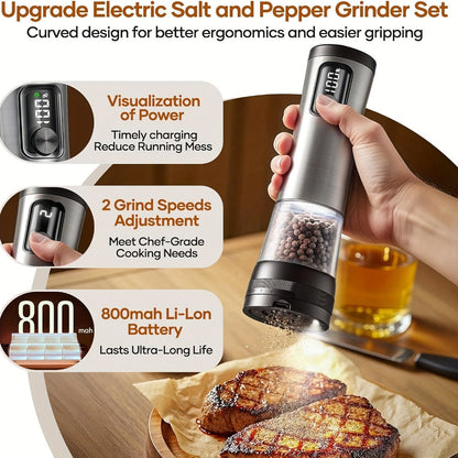 Electric Salt and Pepper Grinder Set Rechargeable USB Large with Base Adjustable Coarseness LED Display Kitchen Gift Silver Black