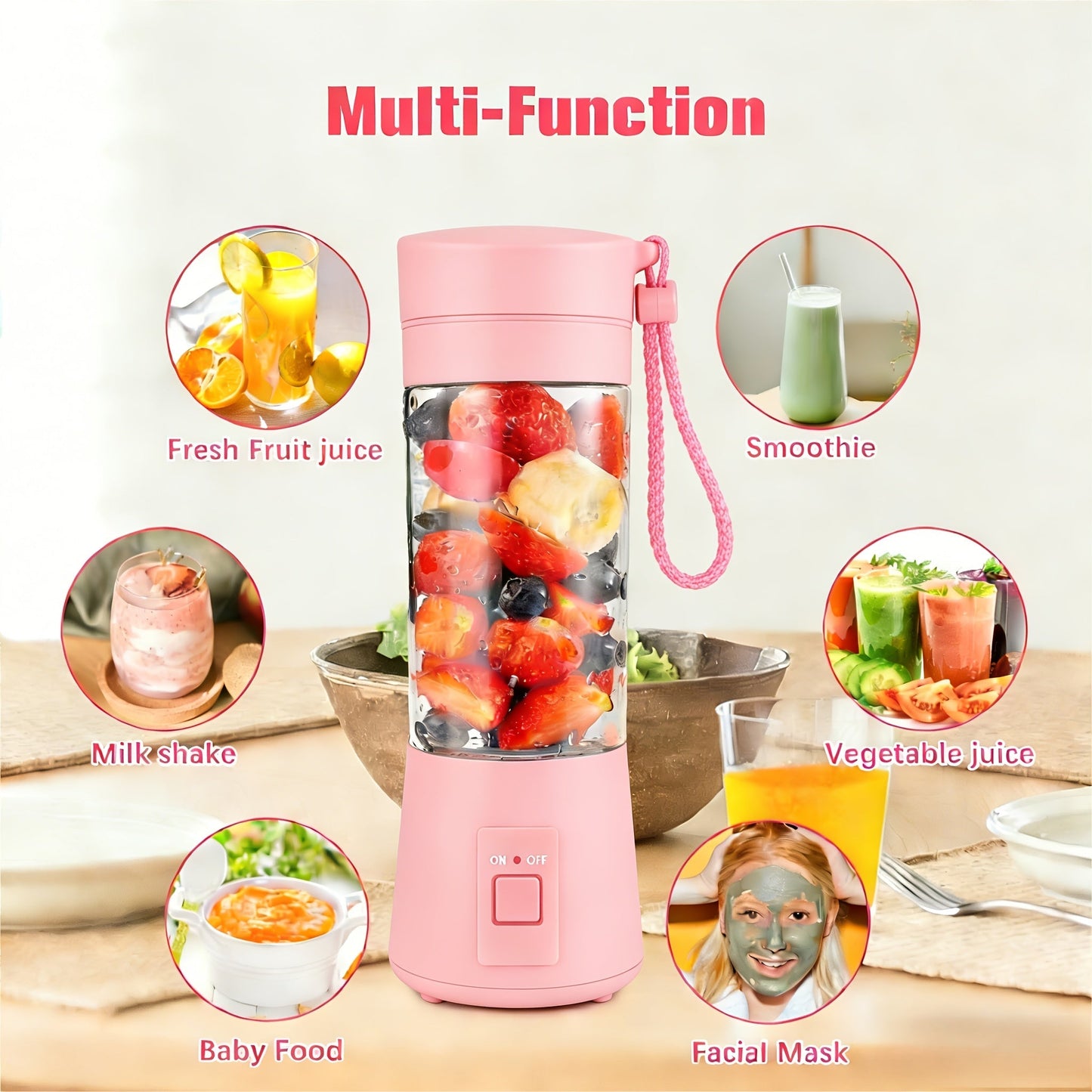 Mini Blender USB Rechargeable 380ml - 6-Blade 22000RPM High-Speed Portable Blender Cup, 304 Stainless Steel