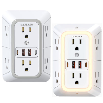 Outlet Splitter Wall Expander 10-in-1 with 6 AC Outlets 2 USB-A 2 USB-C Ports 3-Sided Plug for an Everyday Personal Care Routine