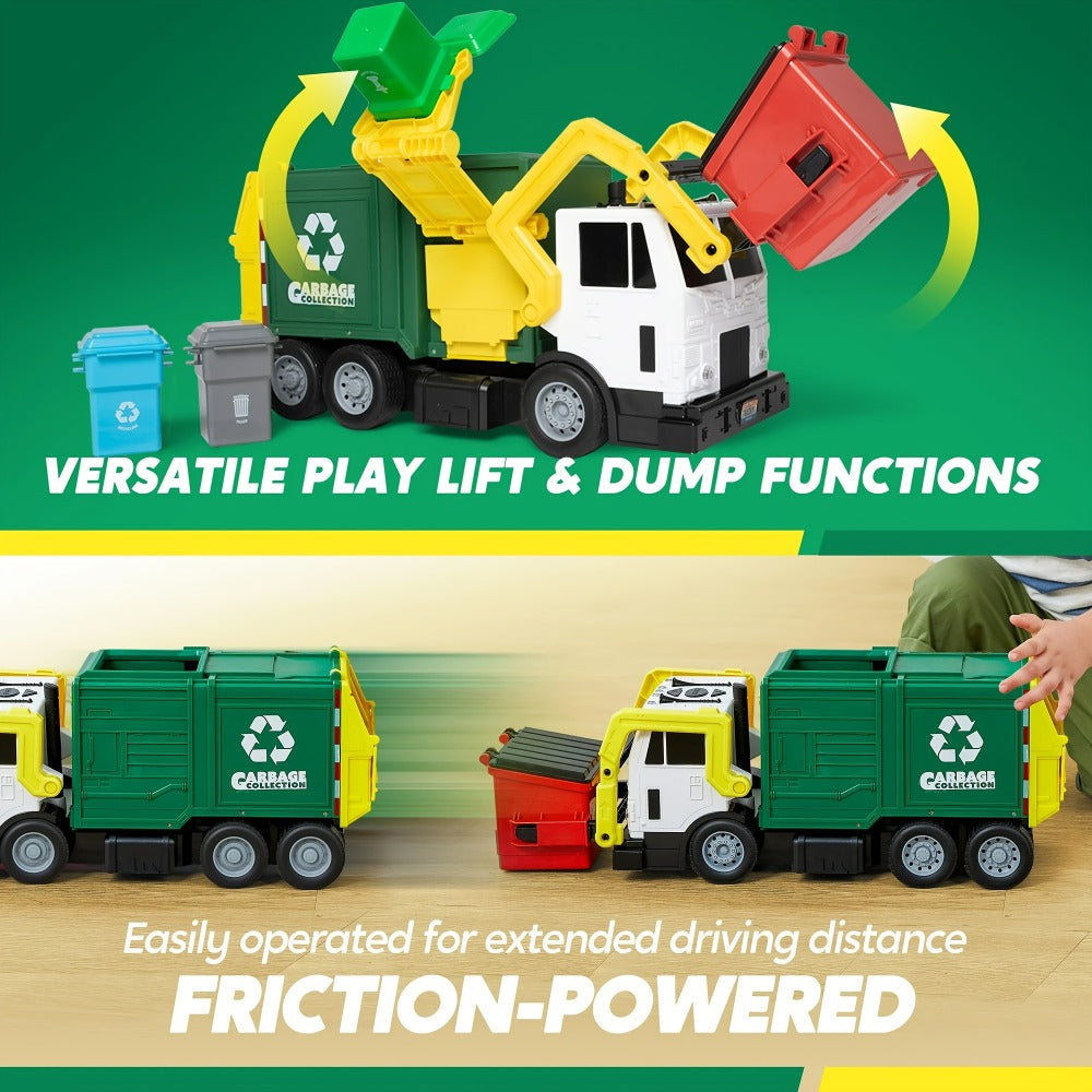 Garbage Truck Toy Set 16-Inch Large Friction-Powered with Lights & Sounds, Color-Coded Trash Bins