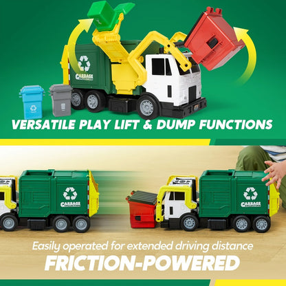 Garbage Truck Toy Set 16-Inch Large Friction-Powered with Lights & Sounds, Color-Coded Trash Bins