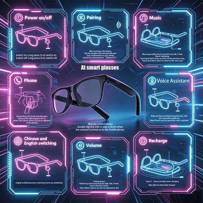 Smart Glasses and Full-Touch Smartwatch Bundle with Multi-Language Photo Translation, Calls and Music