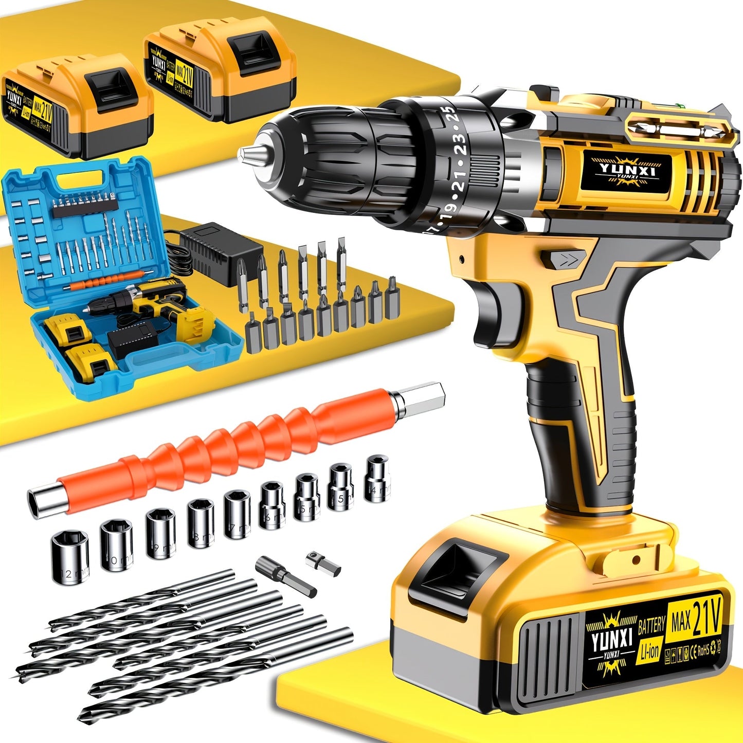 Cordless Impact Drill Set 21V - Wireless Power Drill with Battery & Quick Charger, Multifunctional Tool Kit for Home
