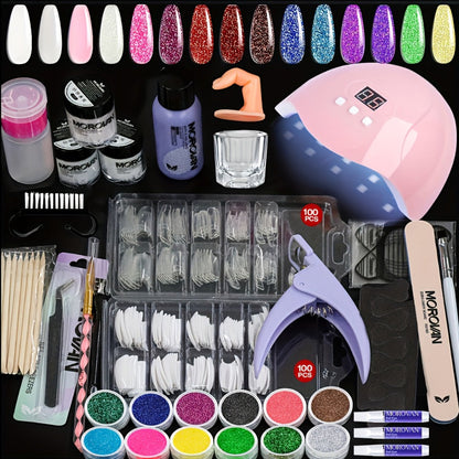 Acrylic Nail Kit MOROVAN with Lamp, 12 Glitter Colors, Three Powders, Nail Tips, Files and Manicure Tools