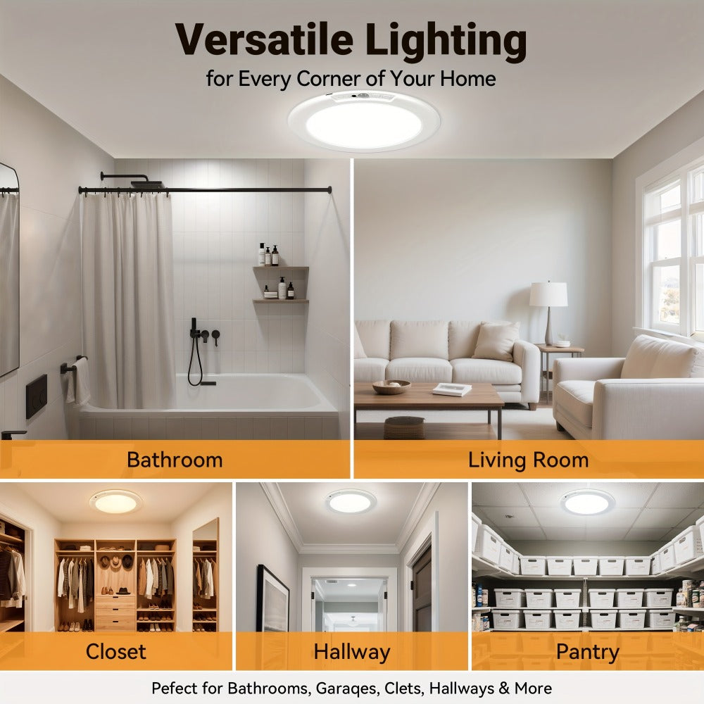 Rechargeable LED Ceiling Light with Motion Sensor, Remote Control Dimmable, 3 Color Temps 3000K/4500K/6500K