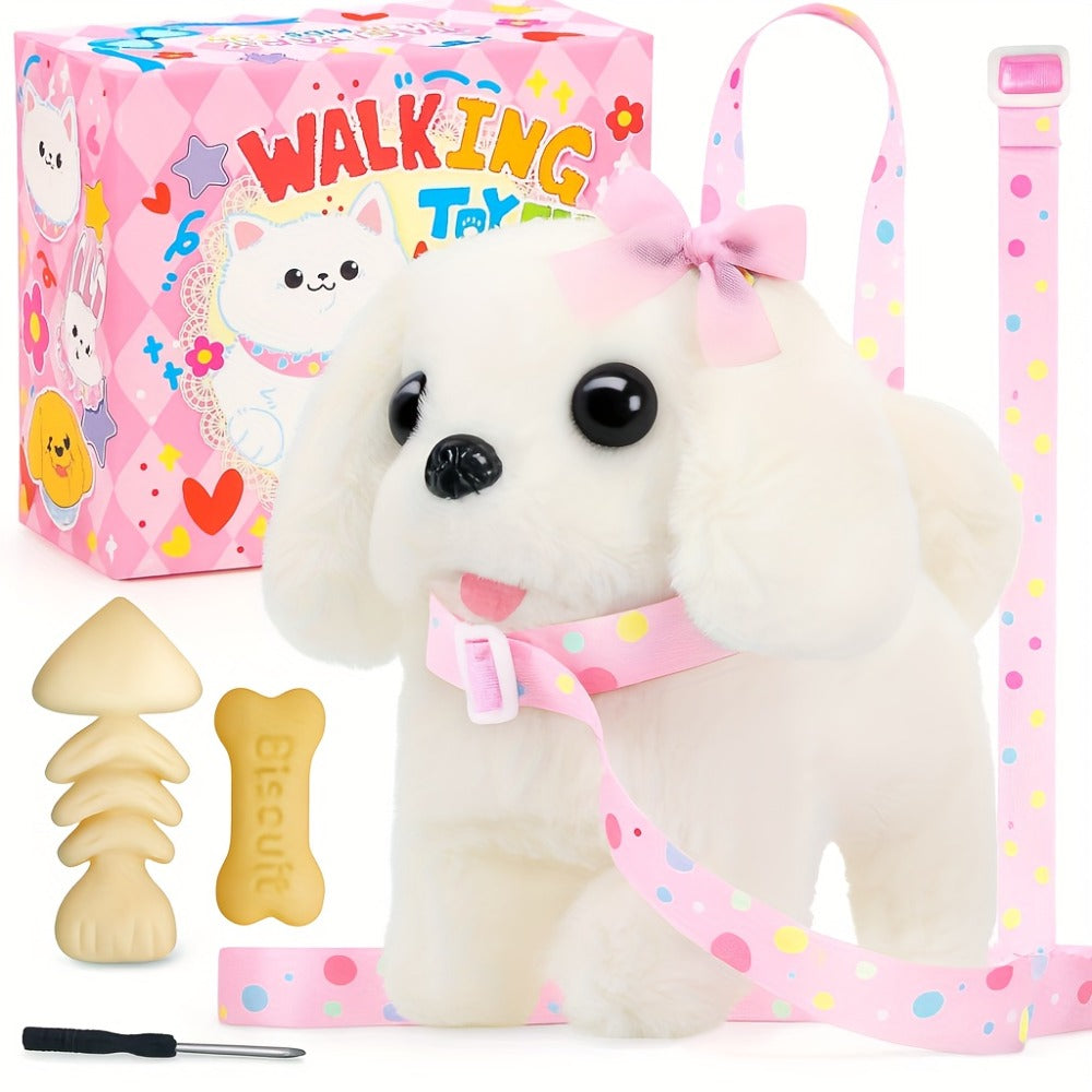 Plush Toy White Electronic Puppy with Walking, Barking, Tail-Wagging Action, Leash and Bow