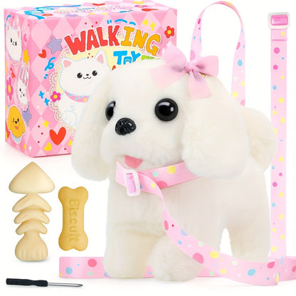 Plush Toy White Electronic Puppy with Walking, Barking, Tail-Wagging Action, Leash and Bow