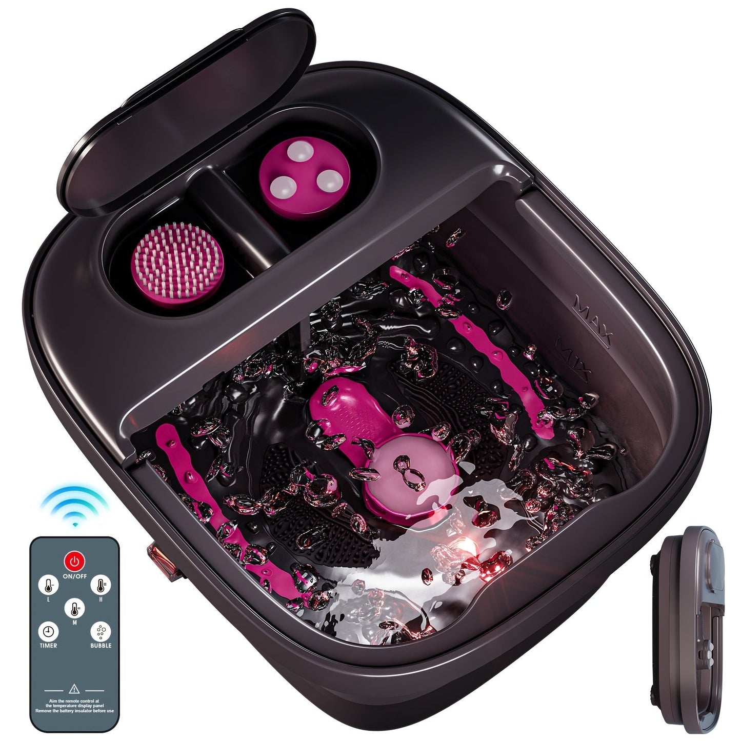 Collapsible Foot Spa Bath with Heat Bubble Massager & Remote Temperature Control – 3 Pedicure Attachments Foldable Foot Soak Tub with Handle