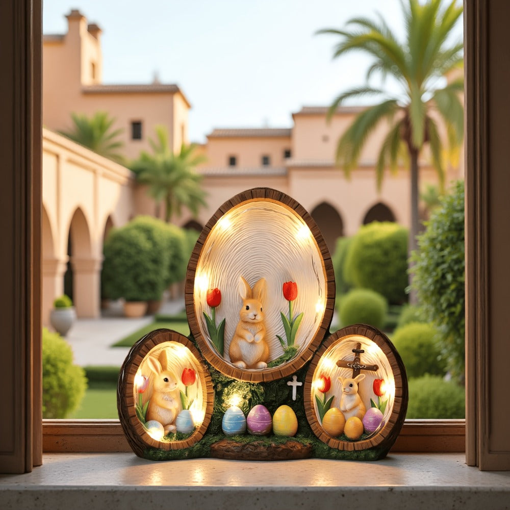 Handmade Resin Easter Egg Ornament - Painted Tulip Rabbit & Cross Decoration, Glowing Home Decor Accent for Easter