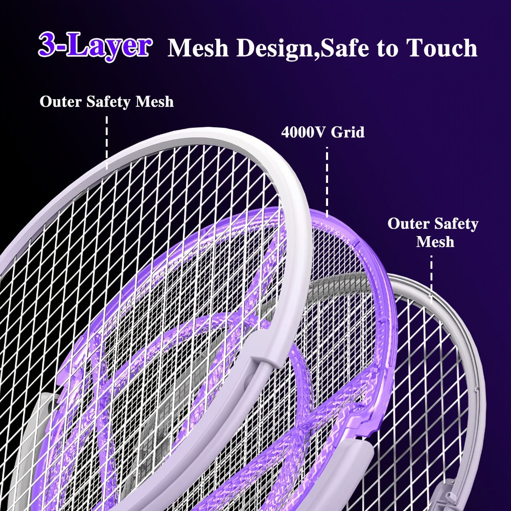 Electric Fly Swatter Racket 4000V, Rechargeable Mosquito Zapper with Auto One-Touch Kill, Detachable Head