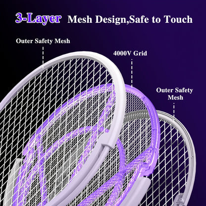 Electric Fly Swatter Racket 4000V, Rechargeable Mosquito Zapper with Auto One-Touch Kill, Detachable Head