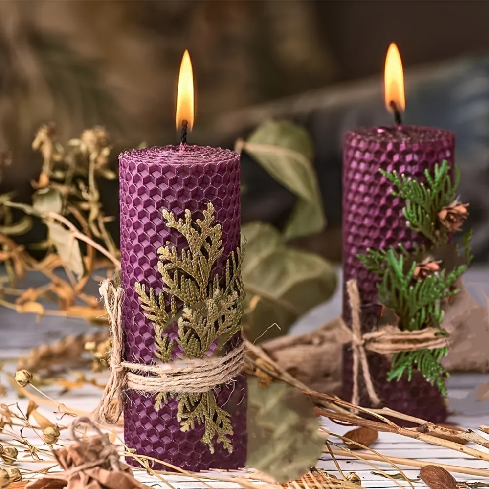 Honeycomb Beeswax Pillar Candles, 10cm by 3.5cm in Yellow, Purple, Red or Blue with Single or Eight-Piece Options