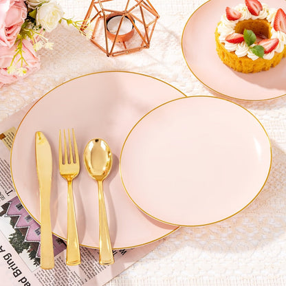 Disposable Plastic Plates Set 50 Piece – Pink Gold Rim Party Tableware with Dinner Plates, Dessert Plates & Utensils for Birthday Wedding