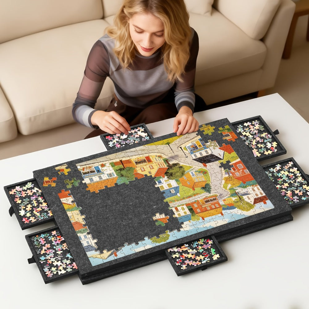 Roll-Up Puzzle Mat Board Extra Large – Foldaway Felt Mat for 1000 & 1500 Piece Jigsaw Puzzles, 6 Sorting Drawers