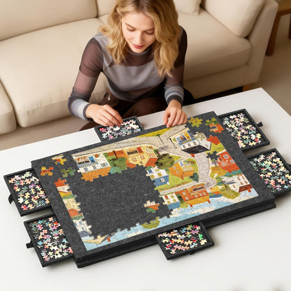Roll-Up Puzzle Mat Board Extra Large – Foldaway Felt Mat for 1000 & 1500 Piece Jigsaw Puzzles, 6 Sorting Drawers