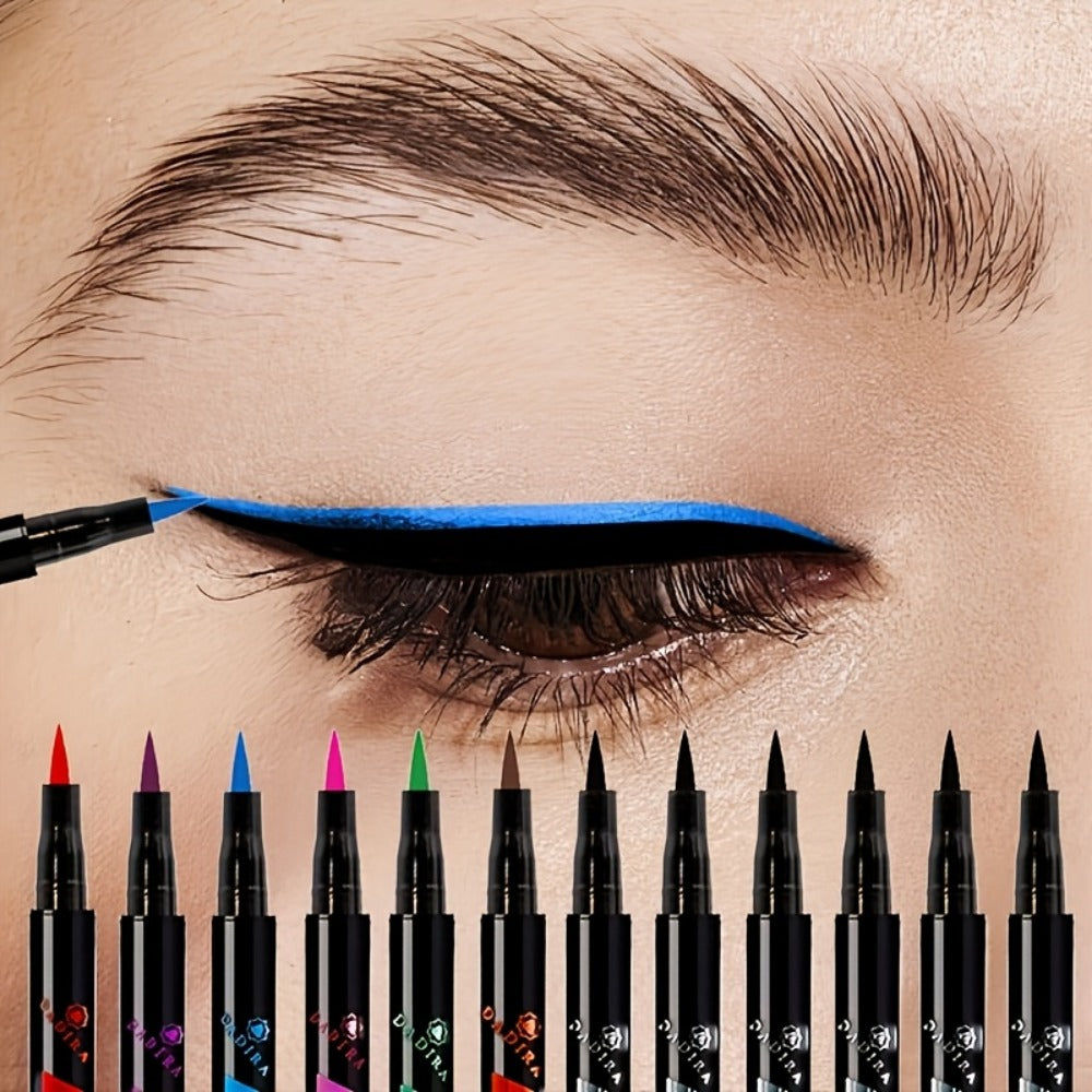 Fine-Tip Liquid Eyeliner Pen Set with Twelve Black and Bright Color Pens for Graphic Eye Looks