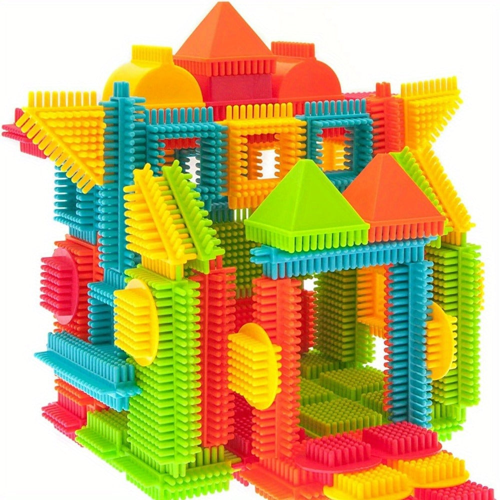 Building Block Set Bristle Construction Pieces, 150-Piece Colorful Interlocking Shapes with Storage Tub