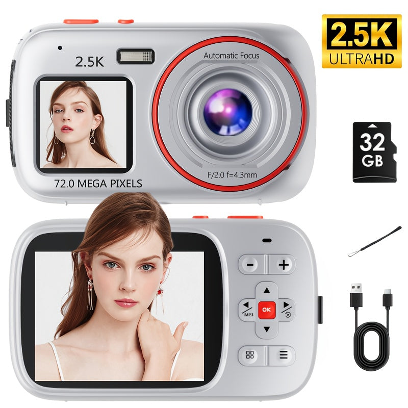Digital Camera 2.5K Dual-Screen Compact with 72MP Capture Marking, Autofocus, Included 32GB Card and Four Colors