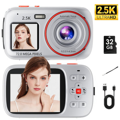 Digital Camera 2.5K Dual-Screen Compact with 72MP Capture Marking, Autofocus, Included 32GB Card and Four Colors