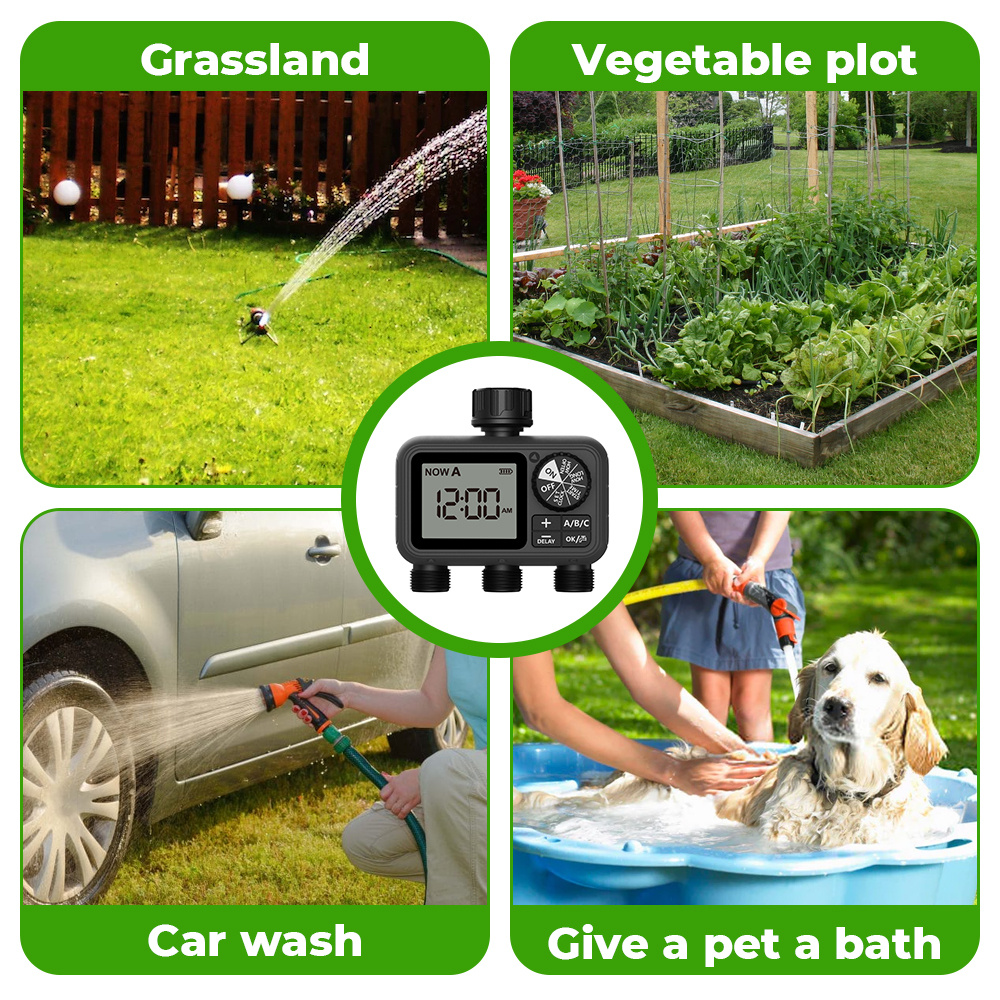 3-Zone Sprinkler Timer with Auto/Manual/Rain Delay Modes, Programmable Garden Hose Irrigation Controller