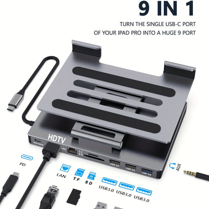 iPad Phone Rotating Stand Docking Station, 4K 60Hz HDMI, Gigabit Ethernet, 100W PD, USB 3.0 Hub, SD/TF Card Reader