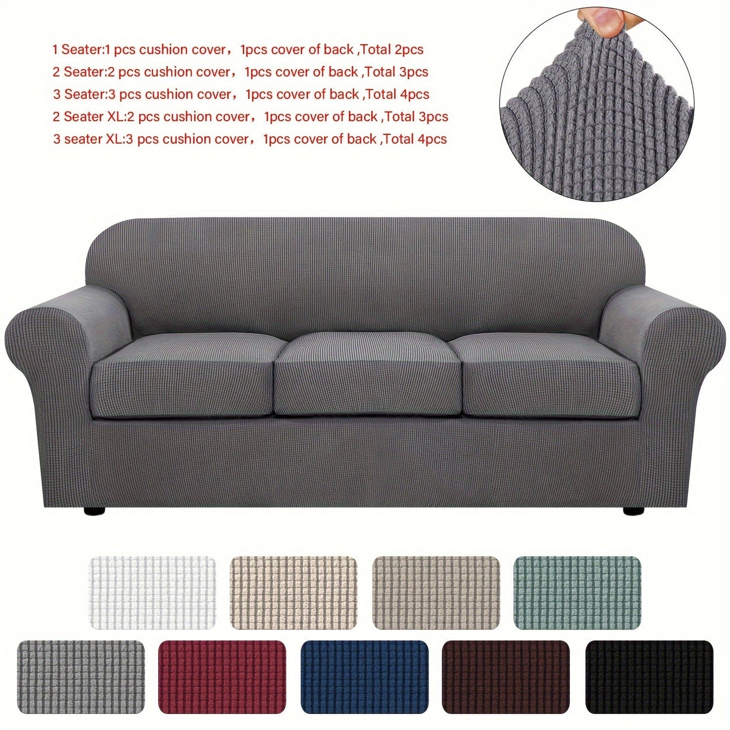 Sofa Cover Grid Jacquard Elastic Full-Cover Slipcover with Elastic Fit for 1 to 3 Seats and XL Sofas
